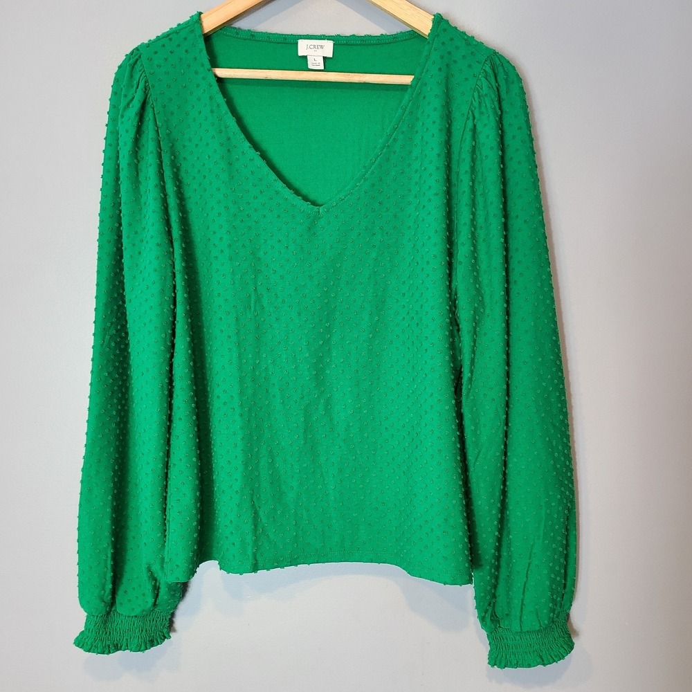 J. CREW CLIP-DOT SWISS DOT TOP Kelly Green Women Size Large Boho CA966 Preppy